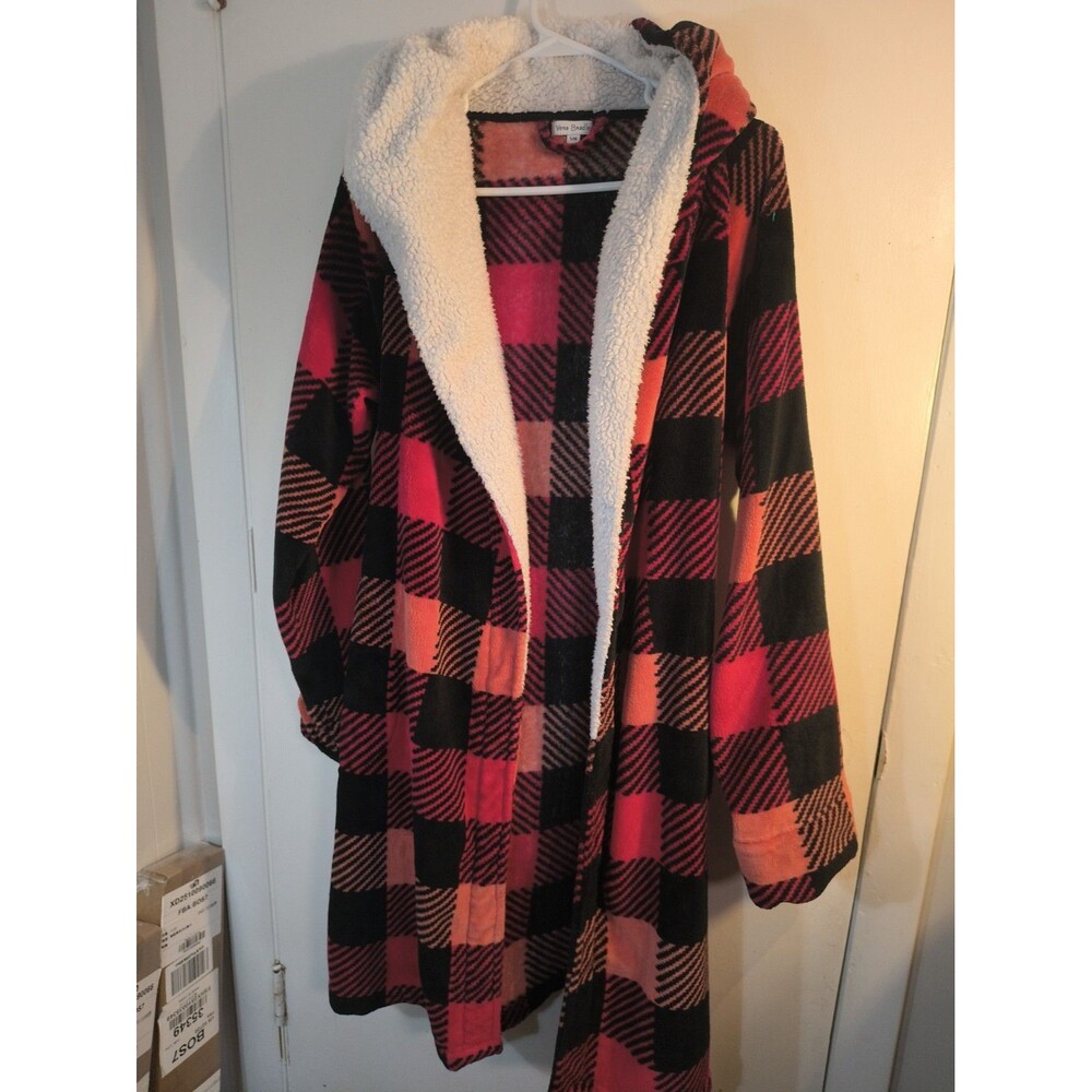 Vera Bradley Cozy Life Fleece Robe S/M Hooded Red Buffalo Check Plaid Bathrobe